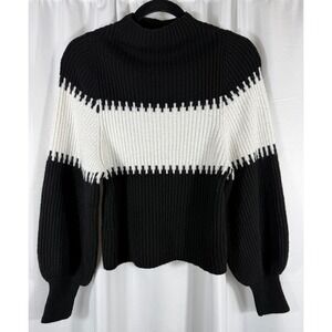 French Connection Black White Striped Mock Neck Sweater Long Balloon Sleeve XS